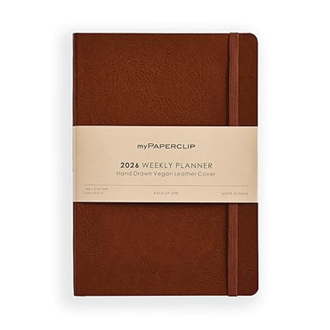myPAPERCLIP 2026 Weekly Planner | A5 Size | Italian Vegan Leather Cover | 192 Pages, 80 GSM | Light Brown myPAPERCLIP