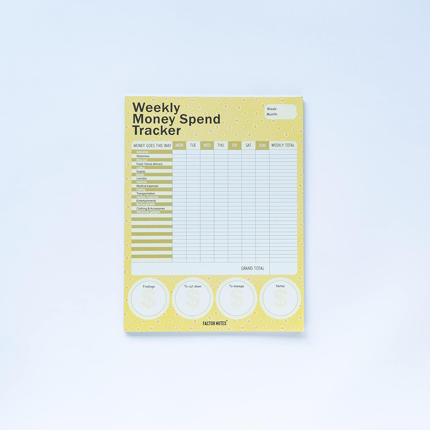 Factor Notes A4 Tear-Off Notepad 100 GSM - Track Weekly Money Spend Factor Notes