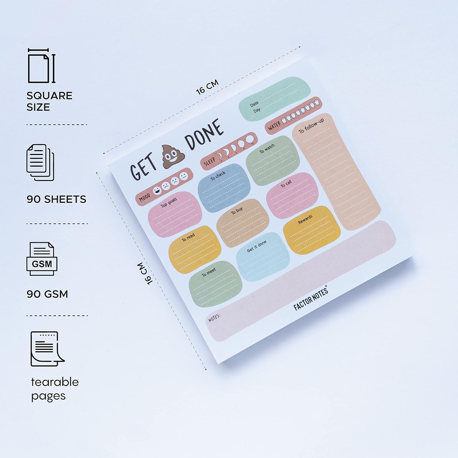Factor Notes Tear-off Notepad - Daily Reminder Square 90 GSM 90 Sheets Factor Notes