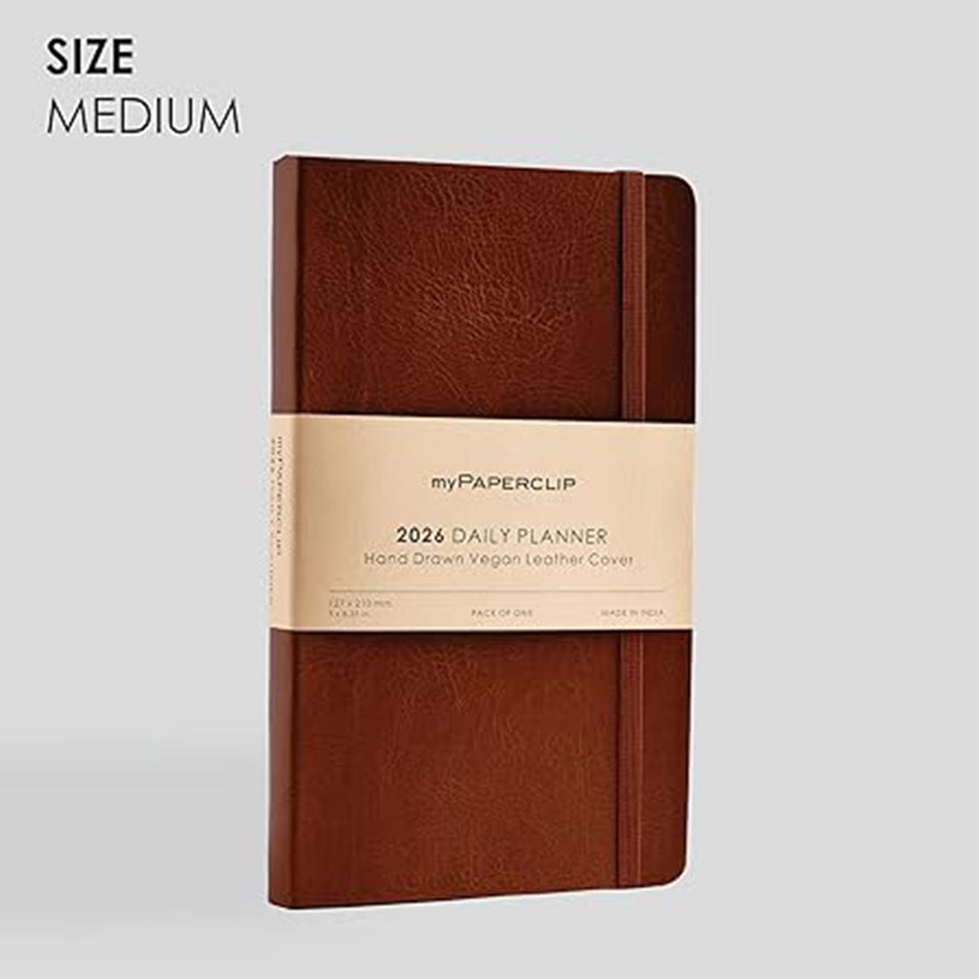myPAPERCLIP 2026 Daily Planner M2 | Medium Size | L.Brown | Italian Vegan Leather Cover | 384 Pages, 80 GSM | Light Brown myPAPERCLIP