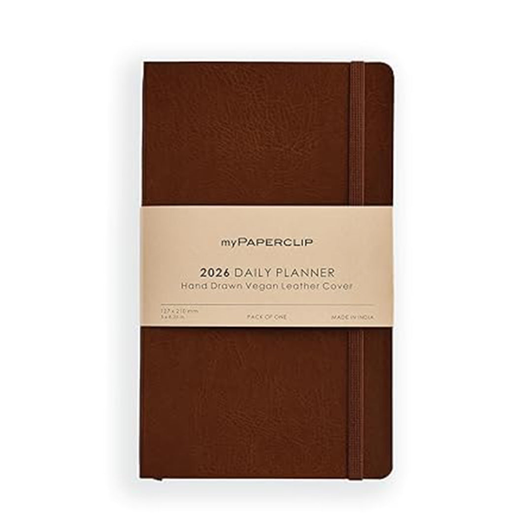 myPAPERCLIP 2026 Daily Planner M2 | Medium Size | L.Brown | Italian Vegan Leather Cover | 384 Pages, 80 GSM | Light Brown myPAPERCLIP