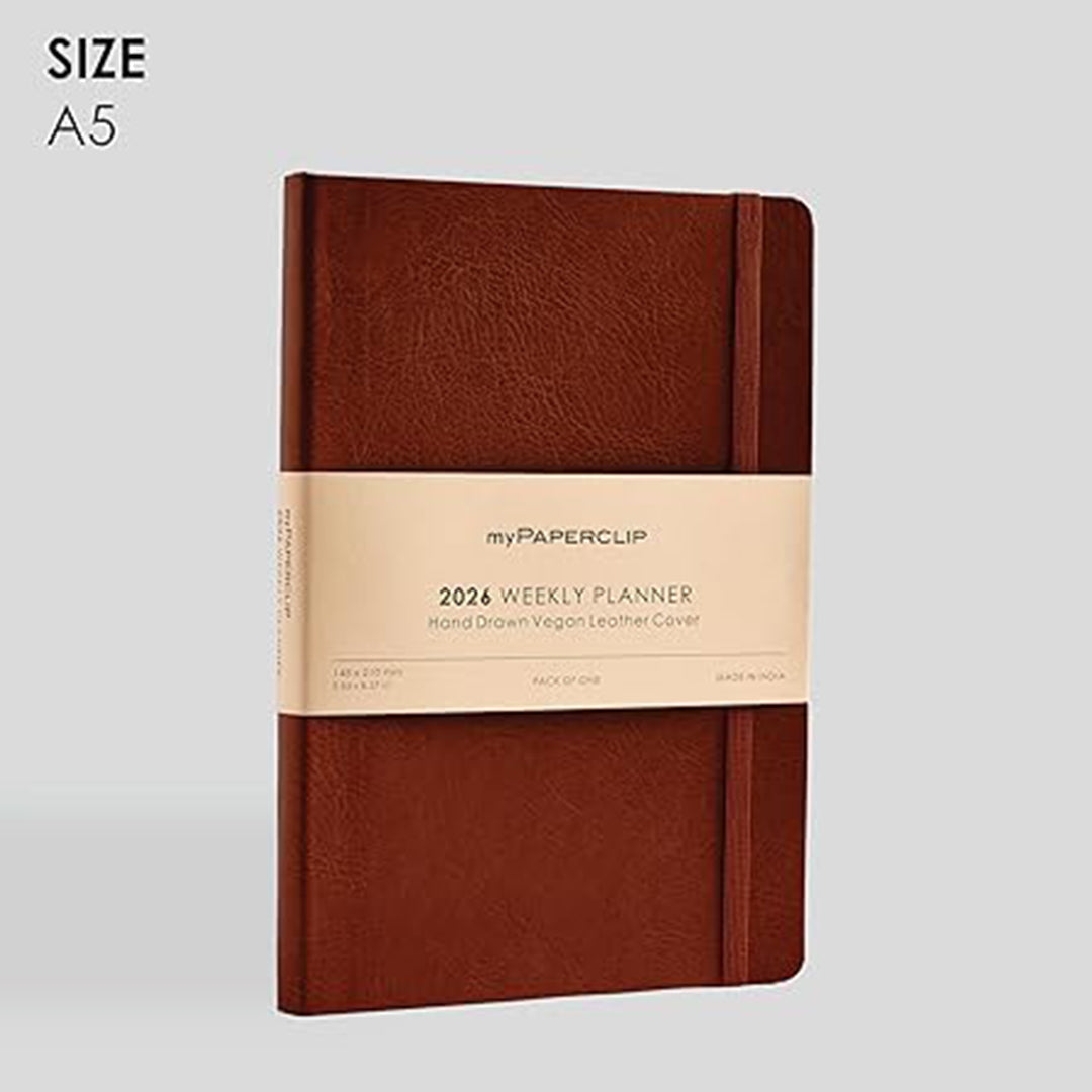 myPAPERCLIP 2026 Weekly Planner | A5 Size | Italian Vegan Leather Cover | 192 Pages, 80 GSM | Light Brown myPAPERCLIP