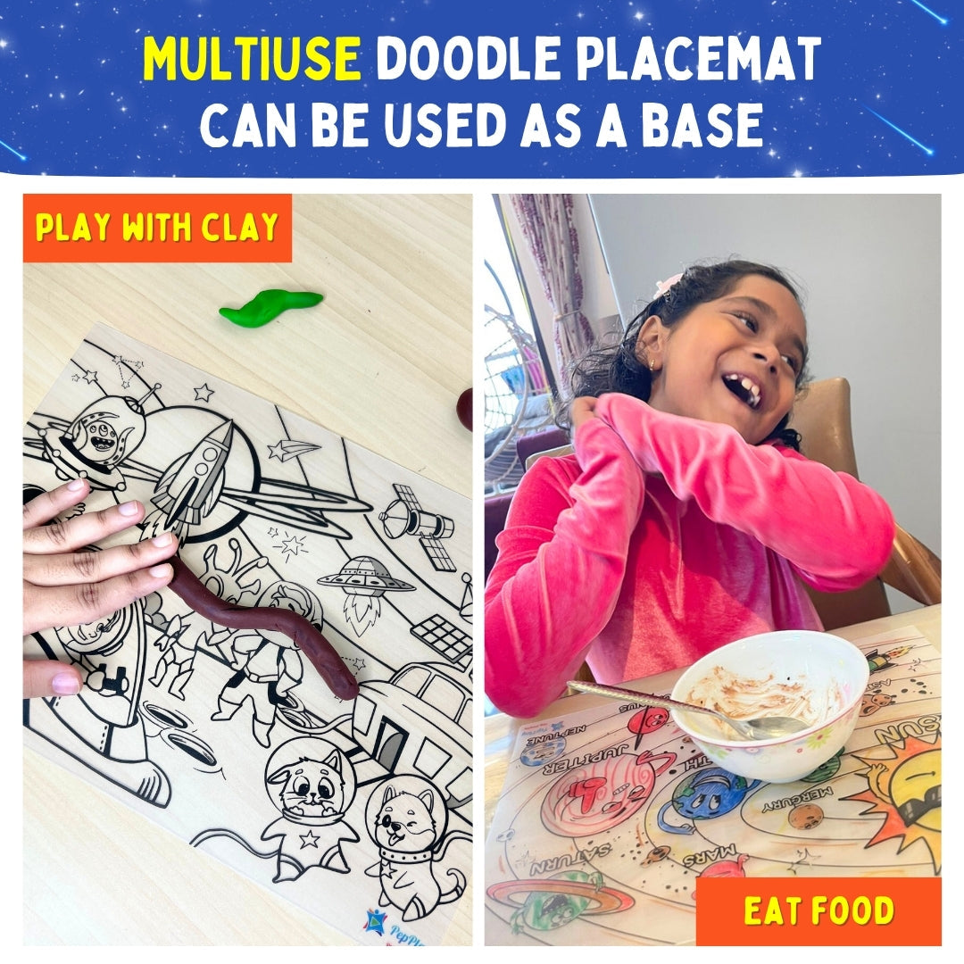 Multiuse doodle placemat in daily play – reusable mat for clay play and mealtime – PepPlay India