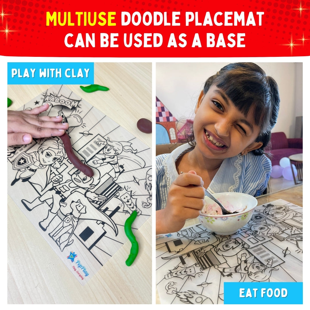 Multiuse Super Power doodle placemat – reusable mat for clay play and mealtime – PepPlay India