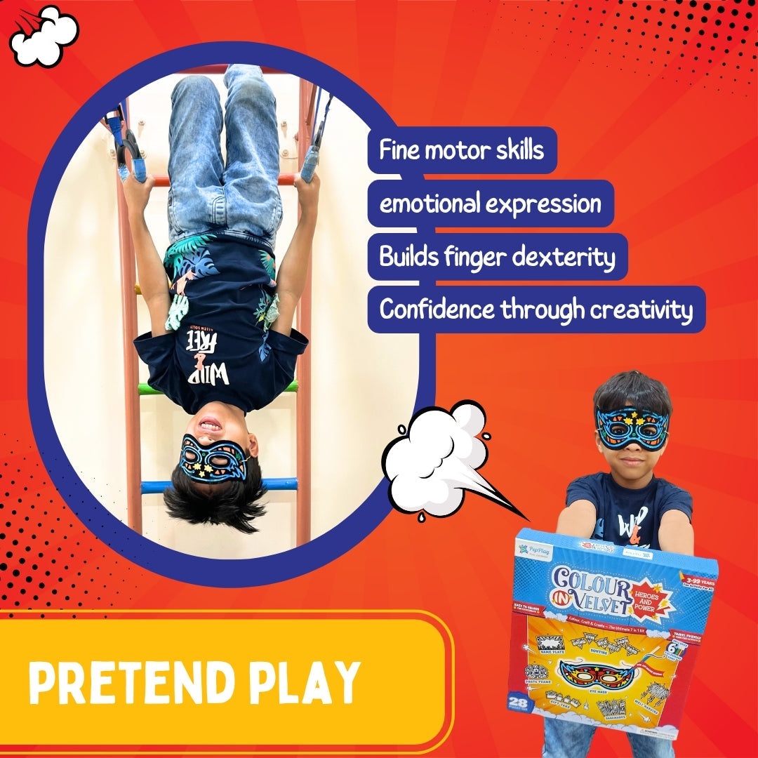 Child wearing superhero mask with completed craft kit – pretend play activity that builds creativity, confidence and fine motor skills – PepPlay India
