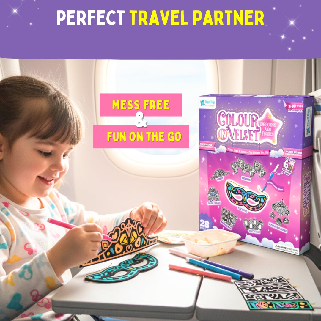 Child using Colour in Velvet kit while travelling – mess-free creative activity for kids on the go – PepPlay India