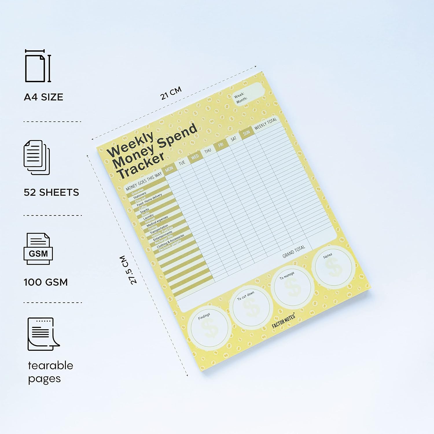 Factor Notes A4 Tear-Off Notepad 100 GSM - Track Weekly Money Spend Factor Notes