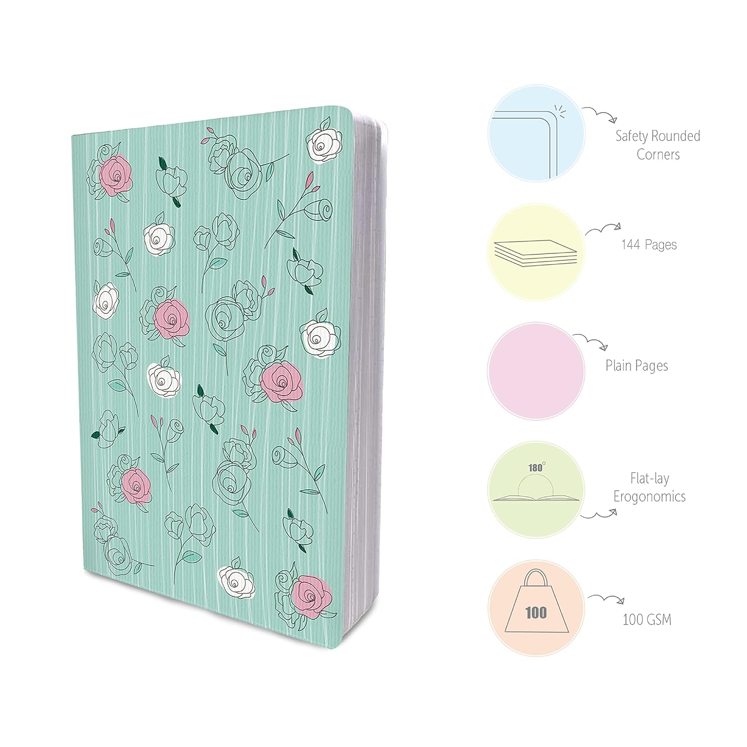 Factor Notes A5 Notebook - 100 GSM Plain 144 Pages (Pastel Mint Roses) Factor Notes