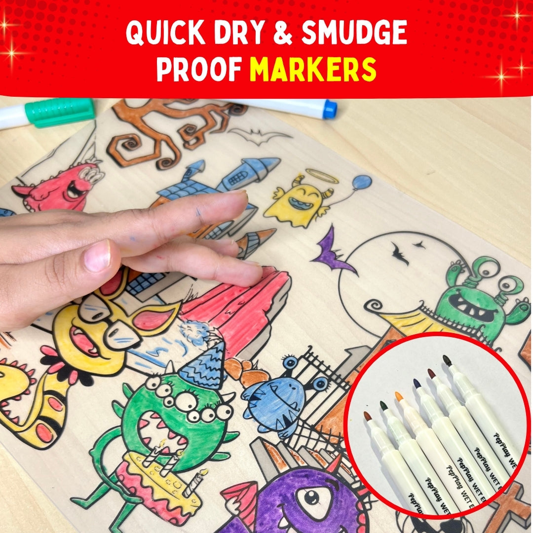 Quick dry and smudge proof wet erase markers – mess-free colouring on reusable doodle placemats – PepPlay India