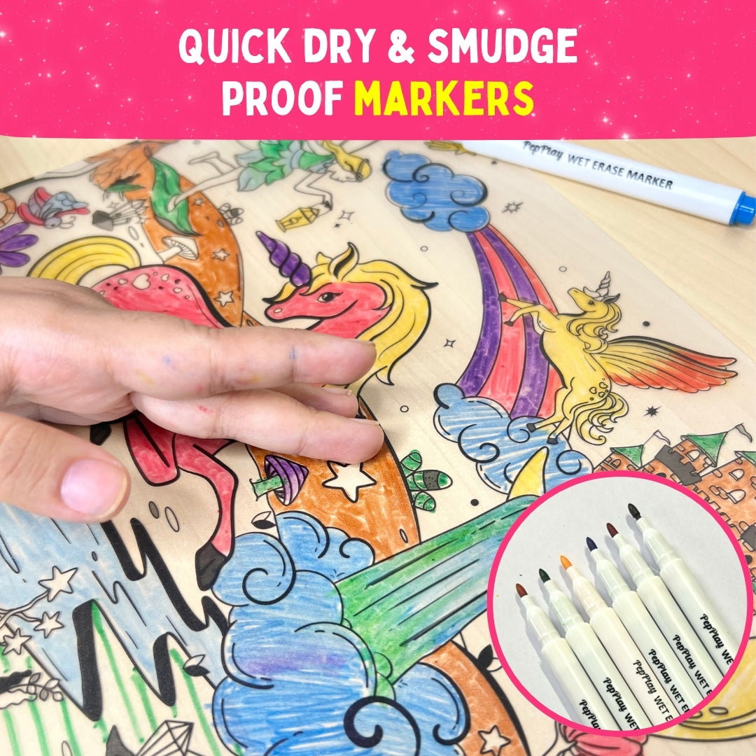 Magical Land – close-up of coloured placemat with hand and marker set – quick-dry smudge-proof markers – PepPlay India