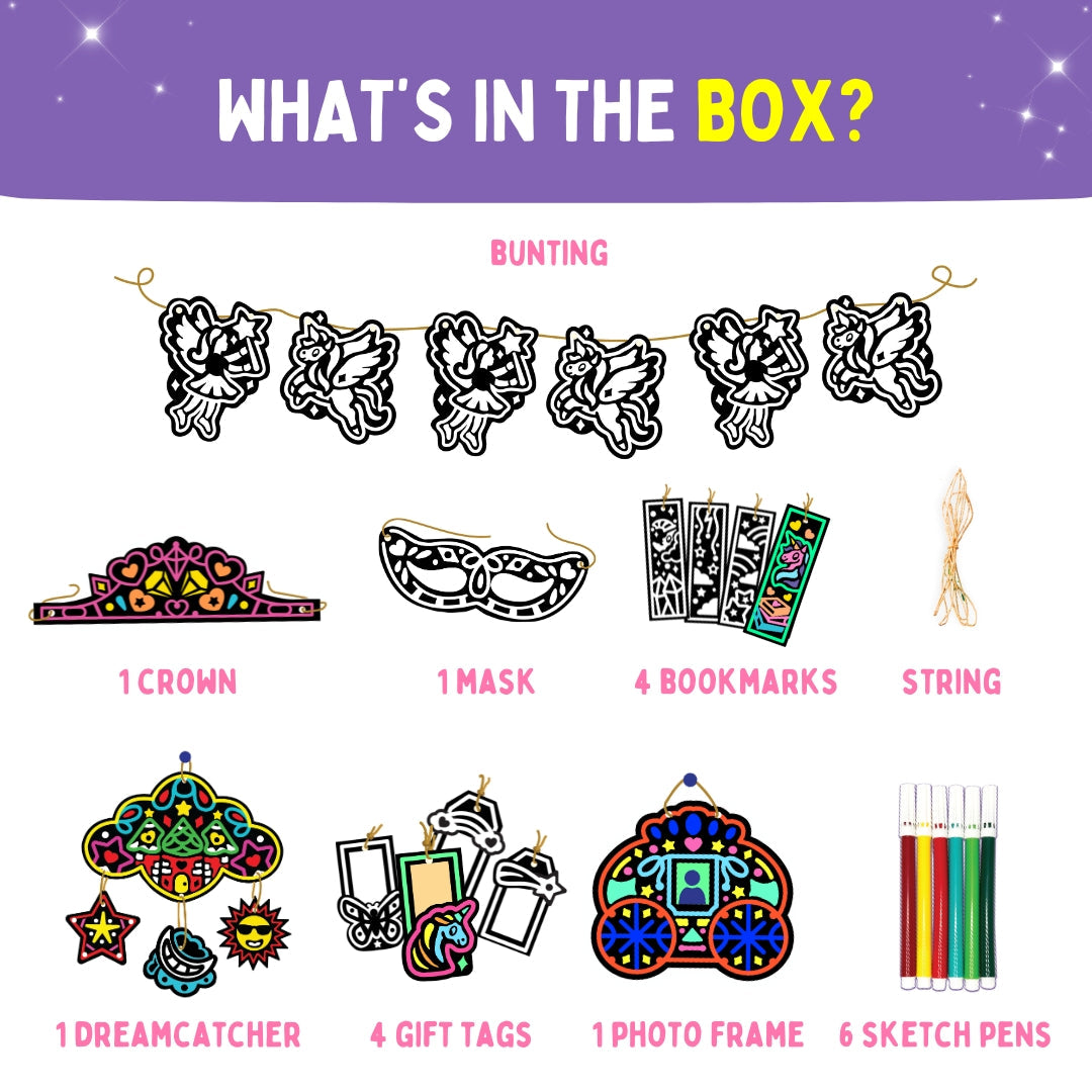 What’s in the Colour in Velvet box – bunting, crown, tiara, bookmarks, string, dreamcatcher, gift tags, photo frame and sketch pens – PepPlay India