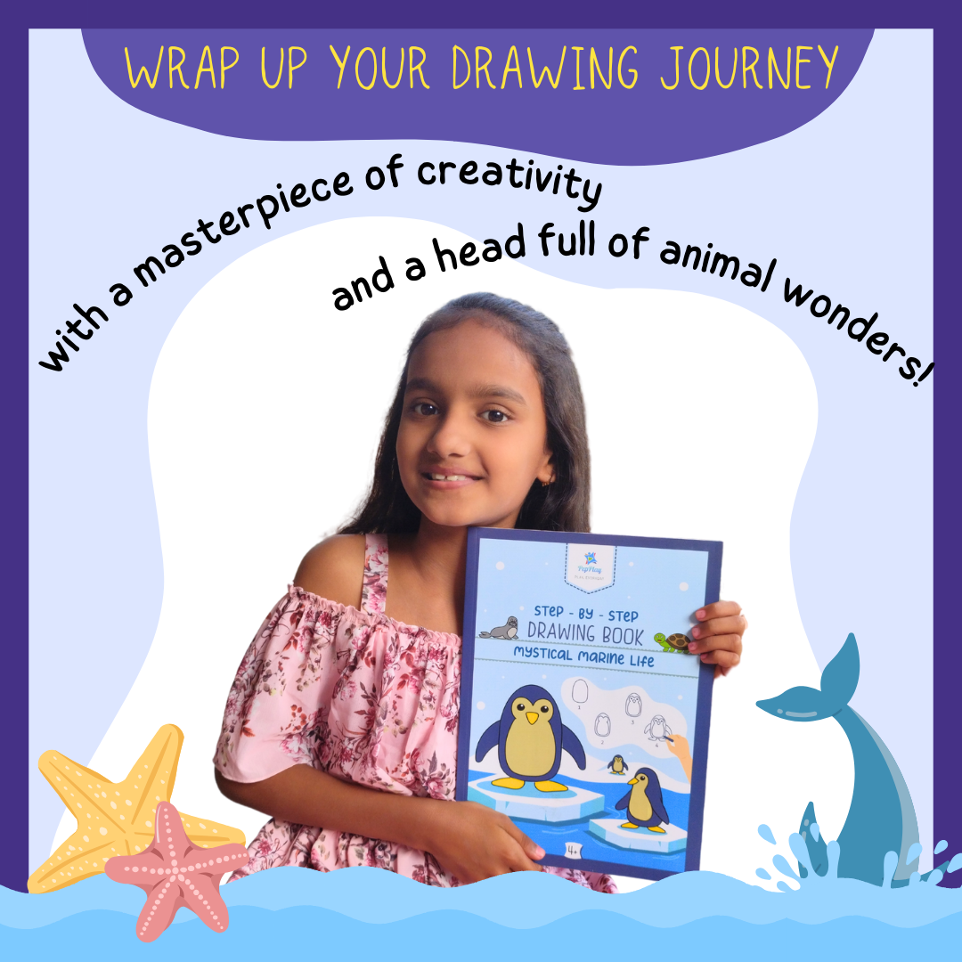 Child holding finished drawing book artwork – full marine animal drawing journey from simple steps to final art – PepPlay India
