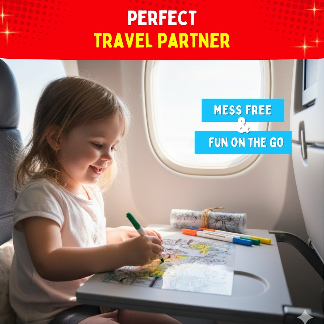 Child using a doodle placemat while travelling – mess-free creative activity for kids on the go – PepPlay India