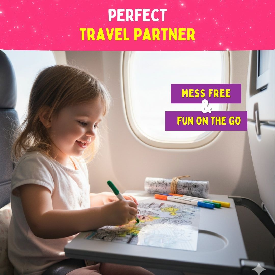 Magical Land – child using placemat on airplane tray table – travel-friendly mess-free activity – PepPlay India