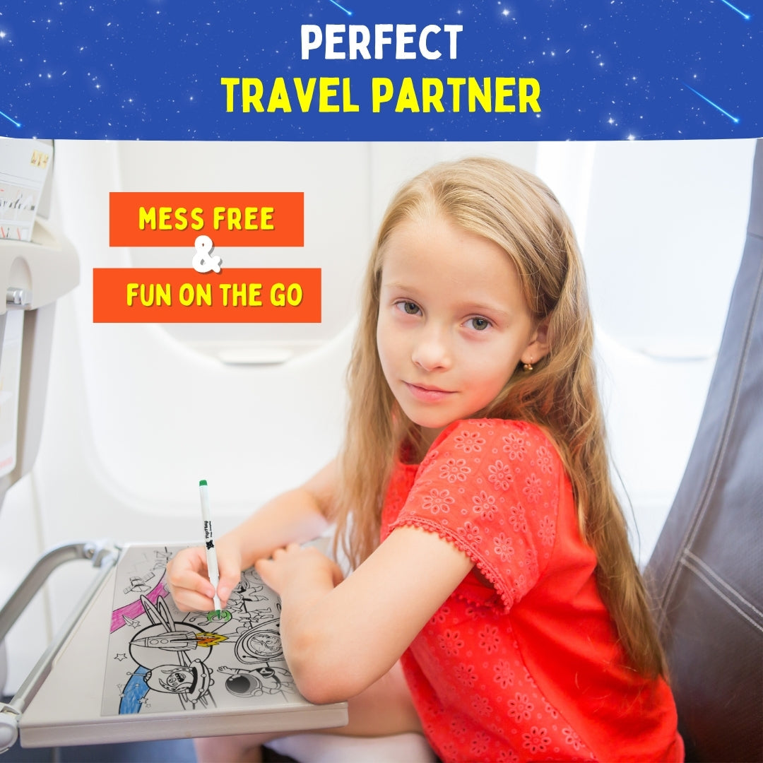 Child using Space Saga doodle mat while travelling – mess-free creative activity for kids on the go – PepPlay India