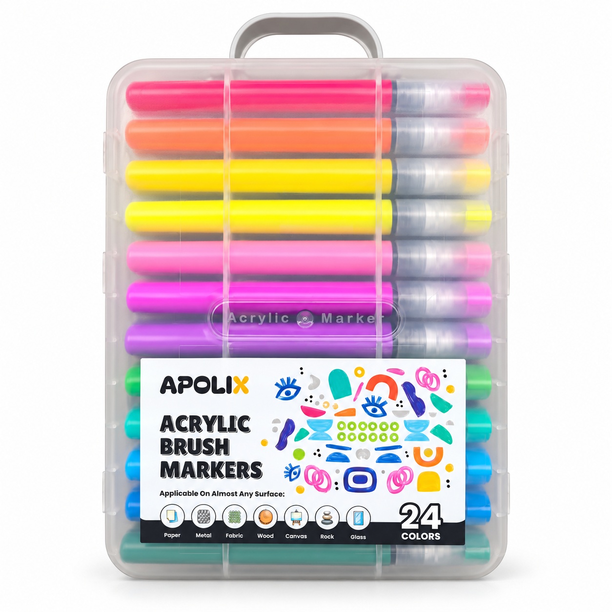 Apolix Acrylic Brush Markers - 24 Colours - APOLIXAcrylicMarkerSetinCase 24colours