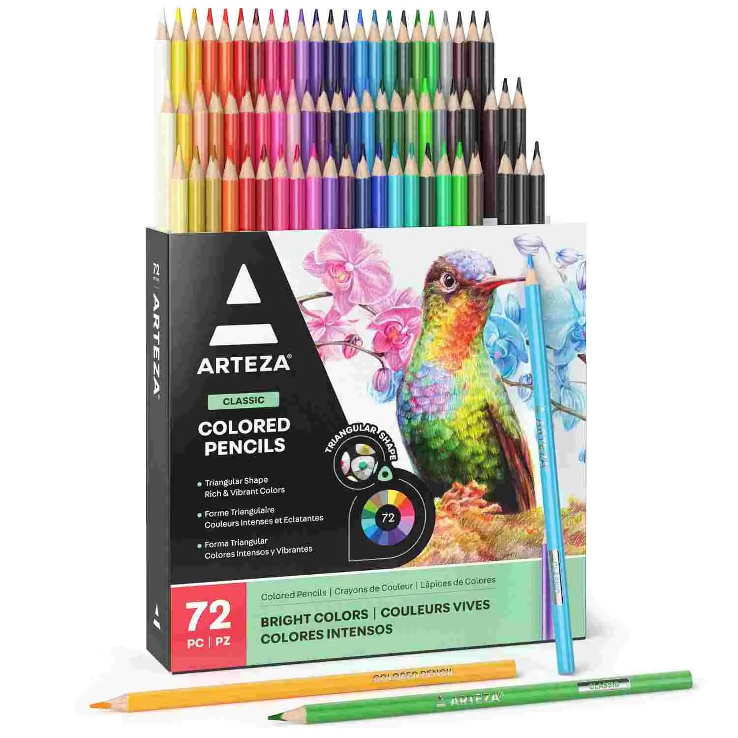 ARTEZA Colored Pencils for Adult Coloring with Case, 72 Assorted Drawing Pencils in Vibrant Colors, Pencil Set for Coloring Books and Journals, Triangular Shape, Professional Art Supplies for Artists Arteza