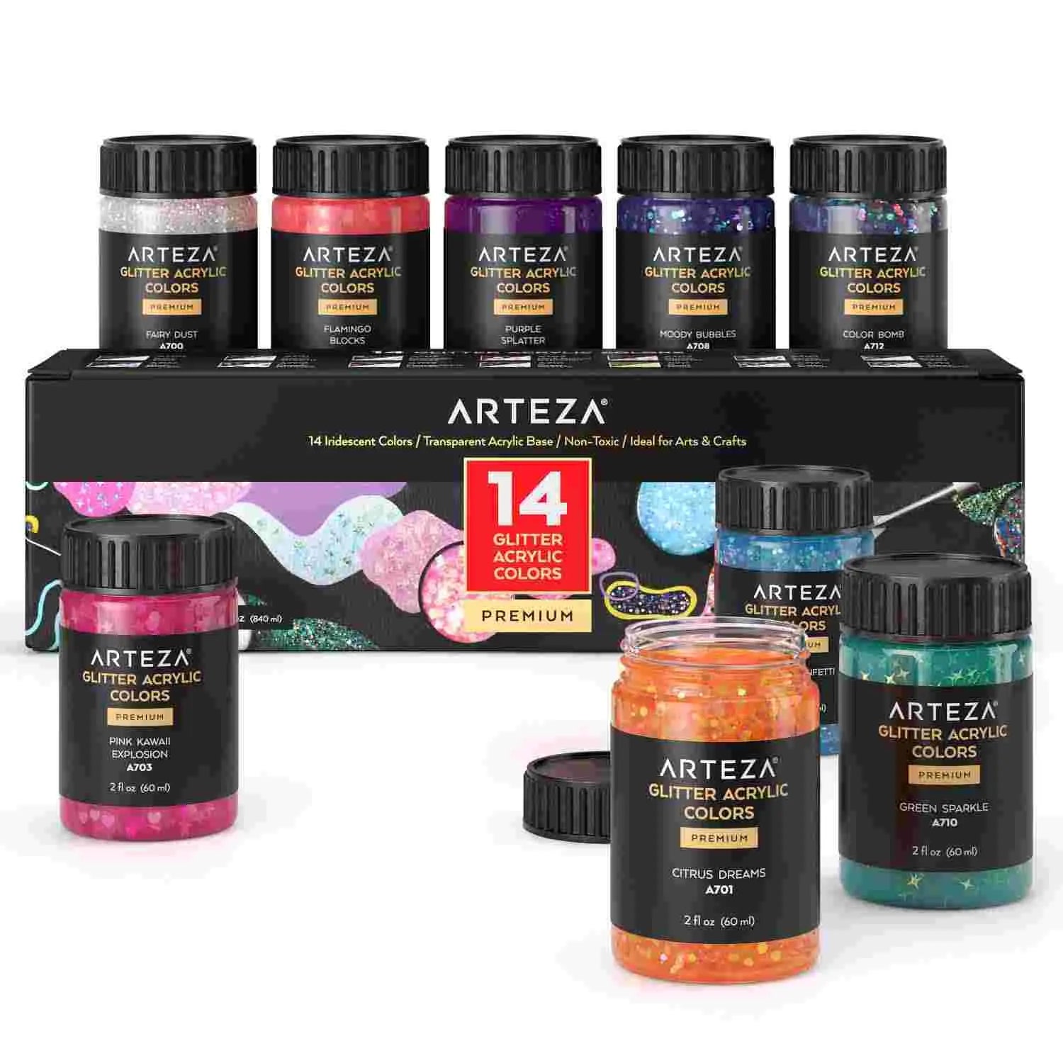 ARTEZA Glitter Acrylic Paint, 14 Iridescent Colors, 60 ml Bottles, Transparent Base, Iridescent Paint with Chunky Glitter, Art Supplies for Adding Accents to Canvas, Paper, Wood, and Glass Arteza