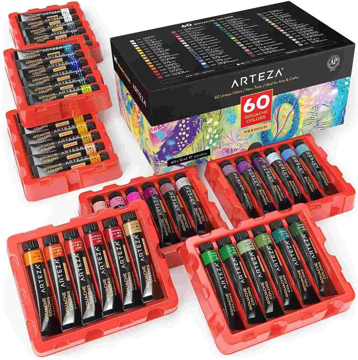 ARTEZA Gouache Paint Set, Set of 60 Colors in 12ml Tubes, Premium Gouache Artist Paint for Professionals & Students, Ideal for Canvas and Paper, Complete Art Supplies for Vibrant Creations Arteza