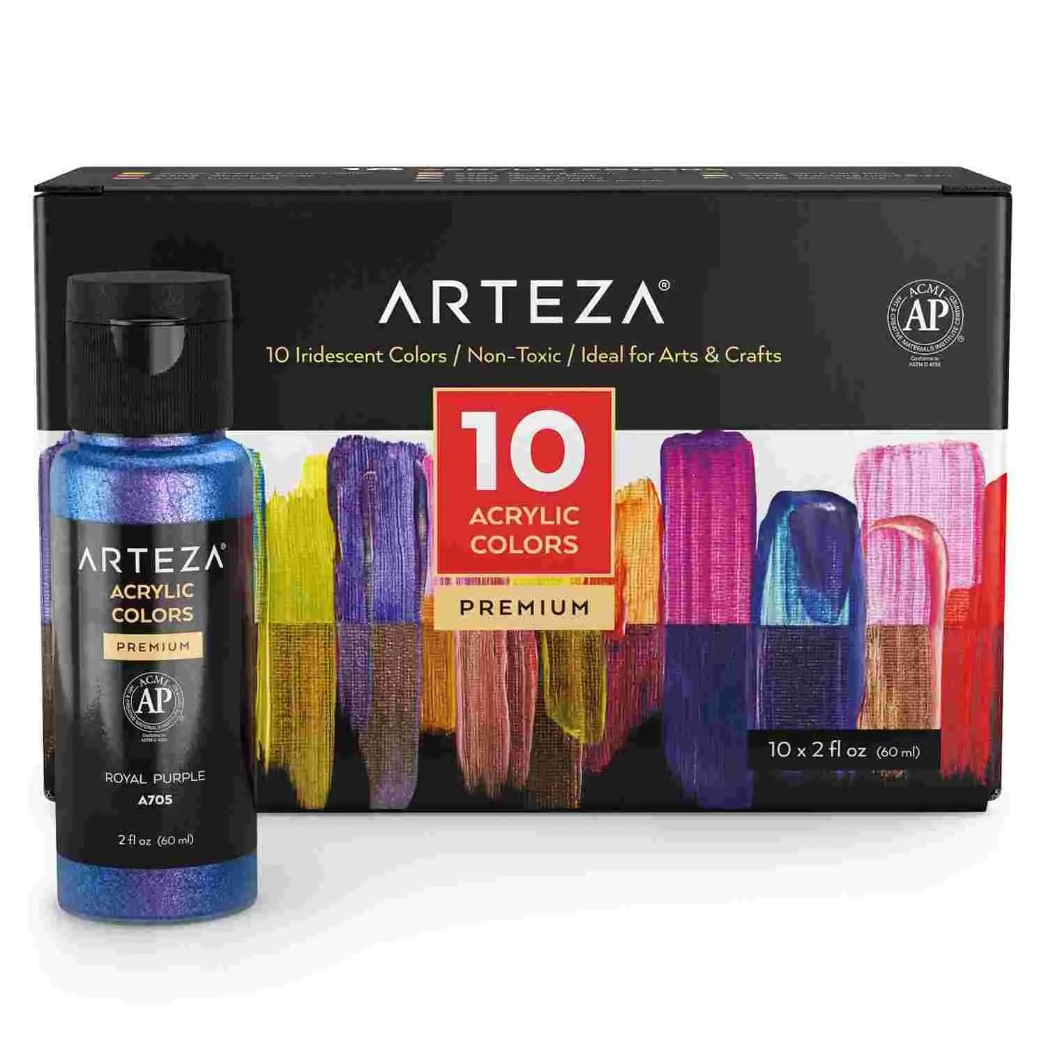 ARTEZA Iridescent Acrylic Paint, Set of 10 Chameleon Colors, 60ml Bottles, High Viscosity Shimmer Water-Based, Blendable Paints, Art Supplies for Canvas, Wood, Rocks, Fabrics Arteza