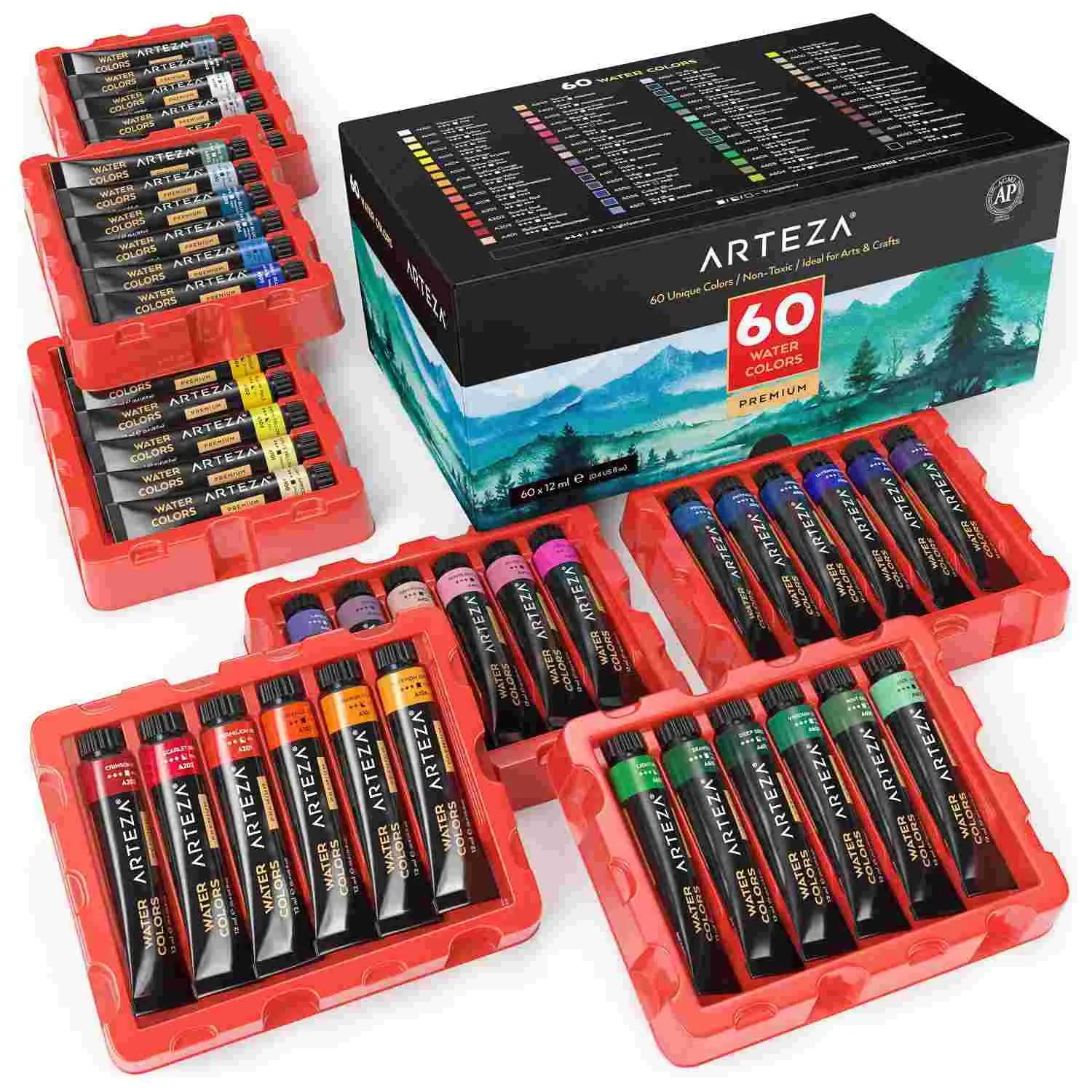 ARTEZA Watercolor Paint Set, 60 Colors in 12 ml Tubes, Premium Non Toxic Water Colors Paint for Adults, Artists & Hobby Painters, Bright Vibrant Watercolor Paints Arteza
