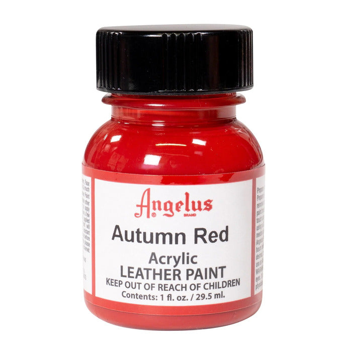 A small bottle of Angelus brand leather paint labeled "Autumn Red," containing 1 fl. oz. (29.5 ml) of acrylic paint. The label advises to keep out of reach of children.