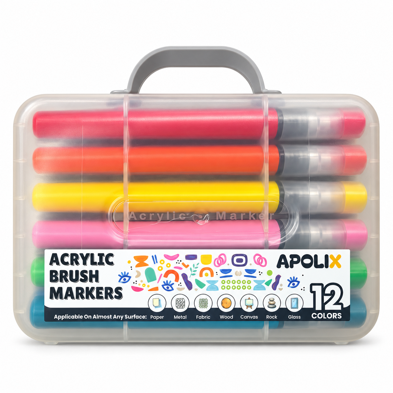 Apolix Acrylic Brush Markers - 12 Colours - AcrylicBrushMarkersSetinCase 12colours