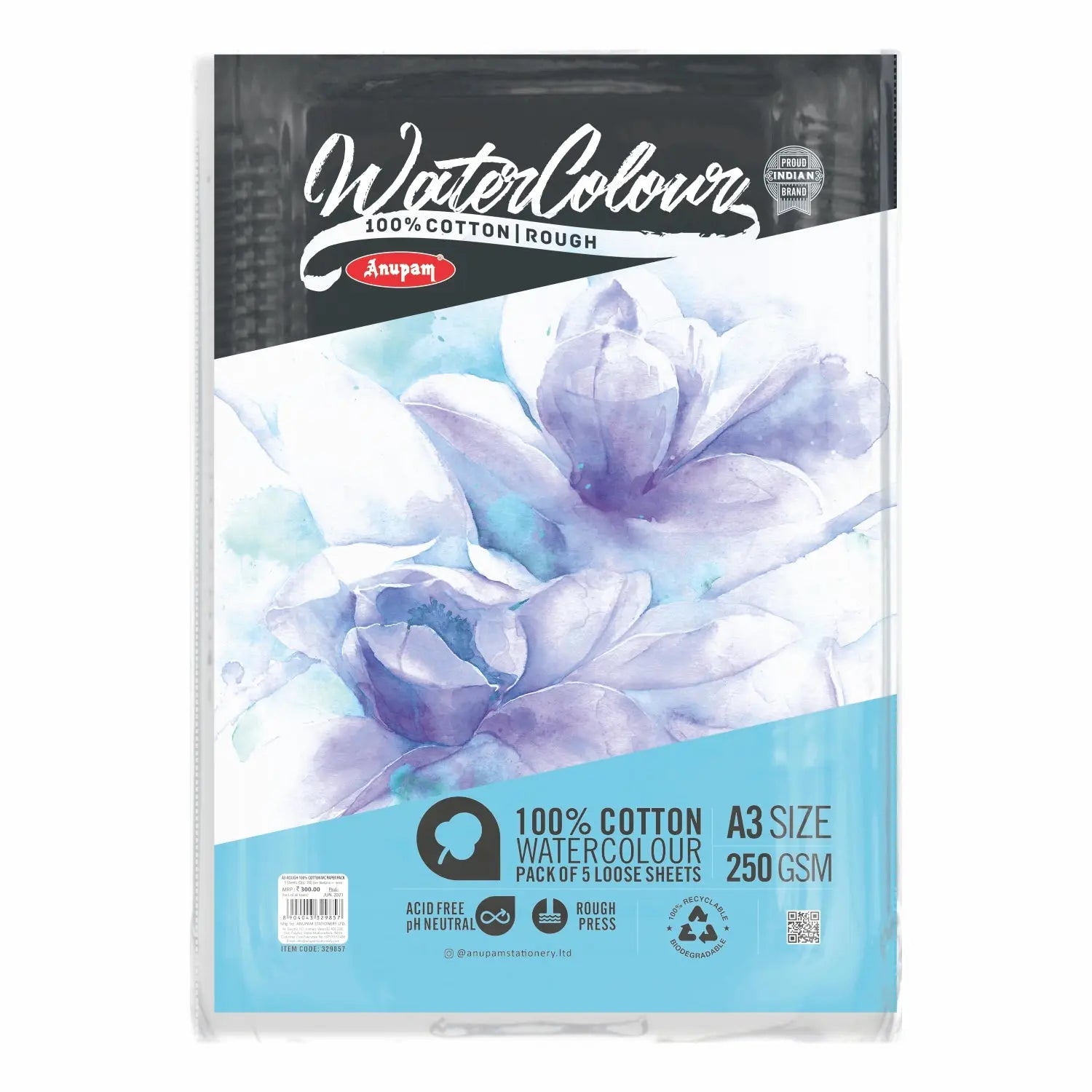 Anupam 100% Cotton Watercolour Paper - Loose Sheets - 250 GSM - Rough Pressed Anupam