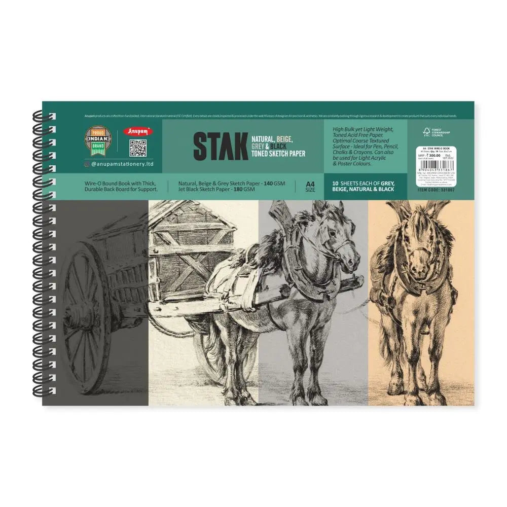 Anupam Stak 4 Colors Toned Sketch Paper Size A4 Wire-o Book (40 sheet) Anupam