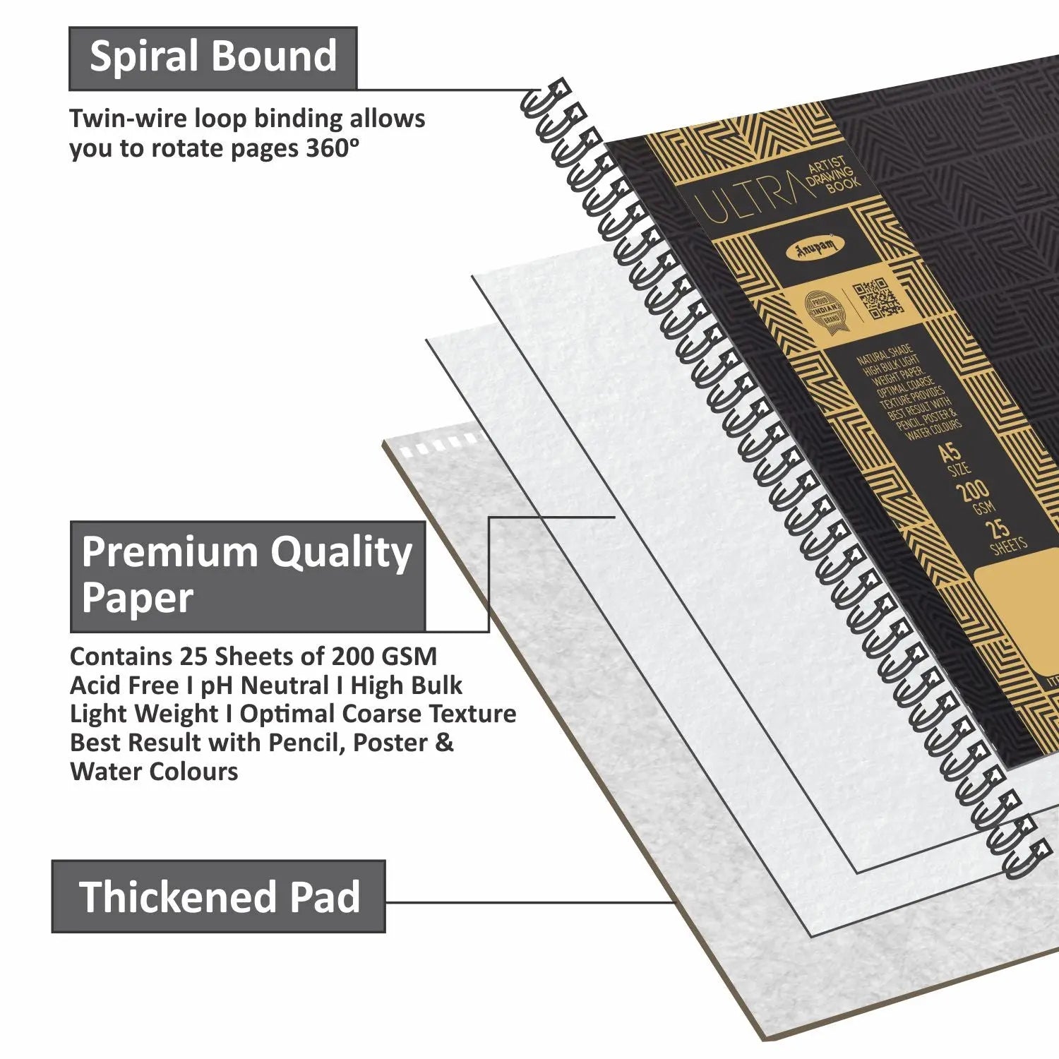 Anupam Ultra Artist Drawing Book -  Wireo Bound - 200gsm Cartridge Paper Anupam