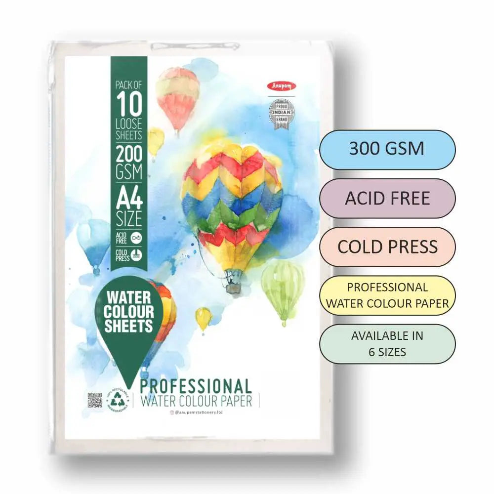 Anupam Watercolour Sheets 200-300 GSM - Cold Pressed - Canvazo