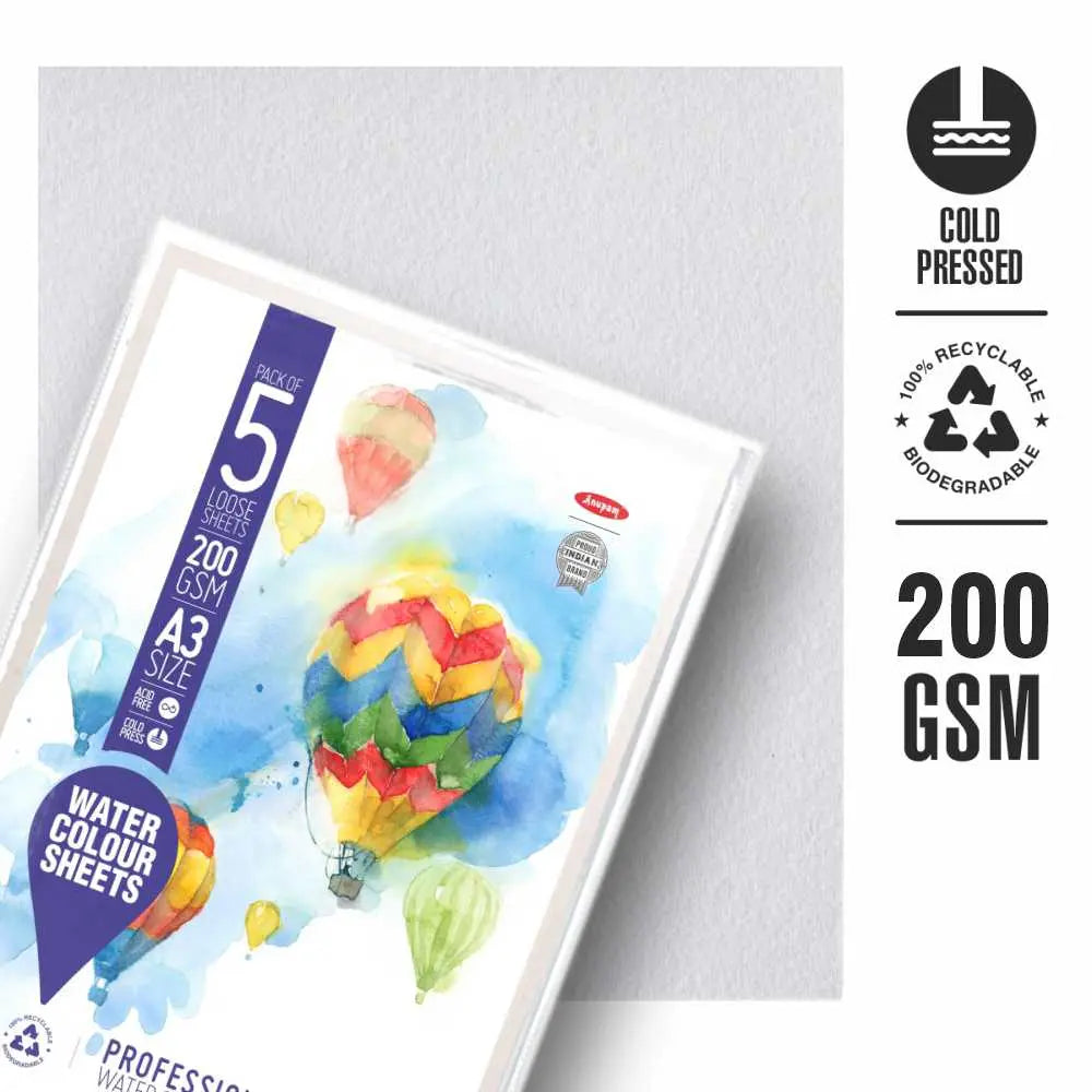 Anupam Watercolour Paper Loose Sheets 200 and 300 GSM Cold Pressed Anupam