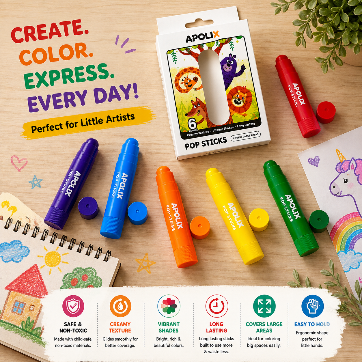 A set of APOLIX Pop Sticks coloring markers arranged on a wooden surface with a product box, plus sample coloring pages and decorative art props. The image shows multiple marker colors including purple, blue, orange, yellow, green, and red, with marketing text at the top and feature icons along the bottom.