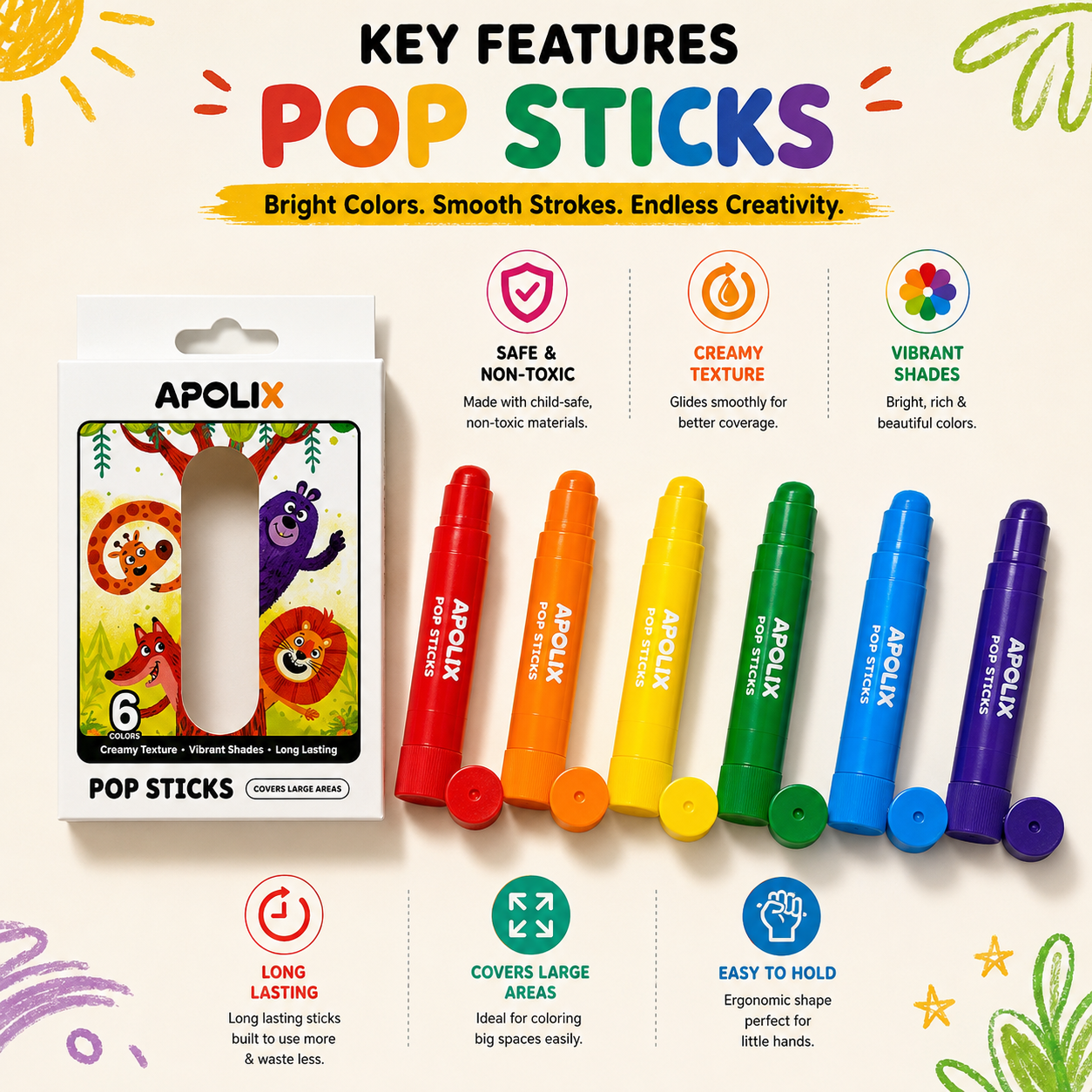 A set of Apolix Pop Sticks crayons shown with their retail box on a bright cream background with colorful feature callouts and doodles. The sticks are arranged in a row, showing multiple bright colors including red, orange, yellow, green, blue, and purple.