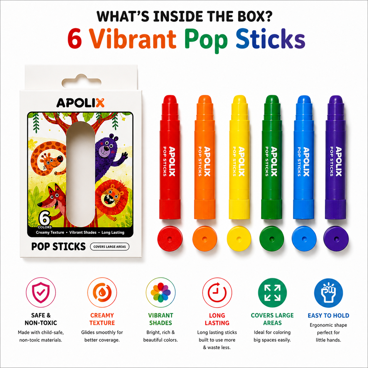 APOLIX Pop Sticks crayon set in a white box with six crayons shown in front, labeled red, orange, yellow, green, blue, and purple. The image includes marketing text and icons about the product features on a white background.