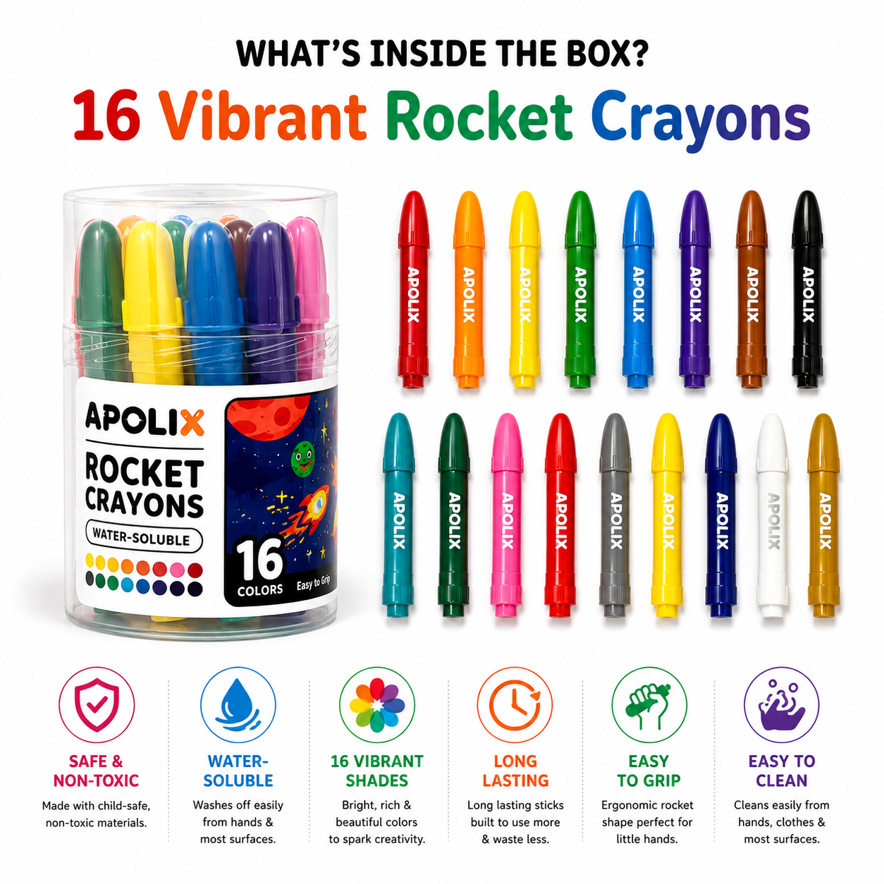 A promotional product graphic for Apolix Rocket Crayons showing a clear plastic tub filled with 16 colorful crayons, plus 16 individual crayons arranged in rows behind it. Large text reads 'WHAT'S INSIDE THE BOX? 16 Vibrant Rocket Crayons.