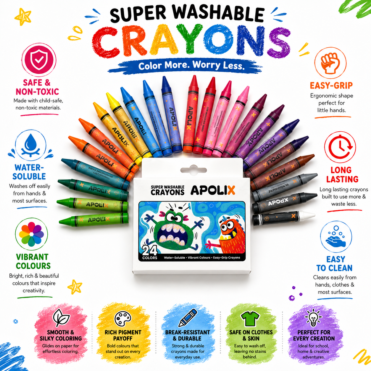 A promotional graphic for Apolix Super Washable Crayons, showing a central box of crayons surrounded by multiple colored crayons arranged in a circle. The image includes feature callouts such as Safe & Non-Toxic, Ergonomic Shape, Water-Soluble, Long Lasting, and Vibrant Colours, with colorful paint-splatter badges at the bottom.