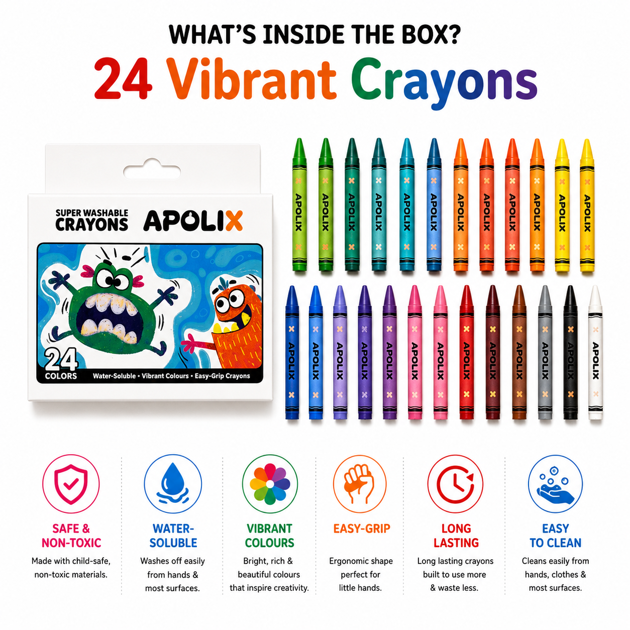 APOLIX 24 Vibrant Crayons set shown in its retail packaging with a row of 24 crayons in assorted bright colors and feature icons below on a white background.