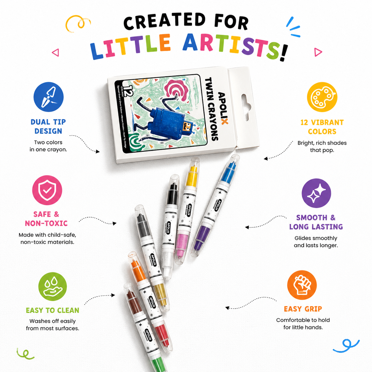 A set of Apolx Twin Crayons children's crayons shown with their retail box on a white background, surrounded by colorful marketing callouts and icons. The text reads 'CREATED FOR LITTLE ARTISTS!' and highlights features like dual tip design, 12 vibrant colors, safe non-toxic materials, and easy grip.