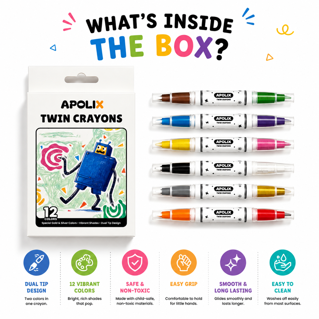 A promotional product graphic for Apolix Twin Crayons showing the product box on the left and multiple colored markers on the right under the headline 'WHAT'S INSIDE THE BOX?'. The box is white with a colorful robot illustration and text reading 'APOLIX TWIN CRAYONS'.