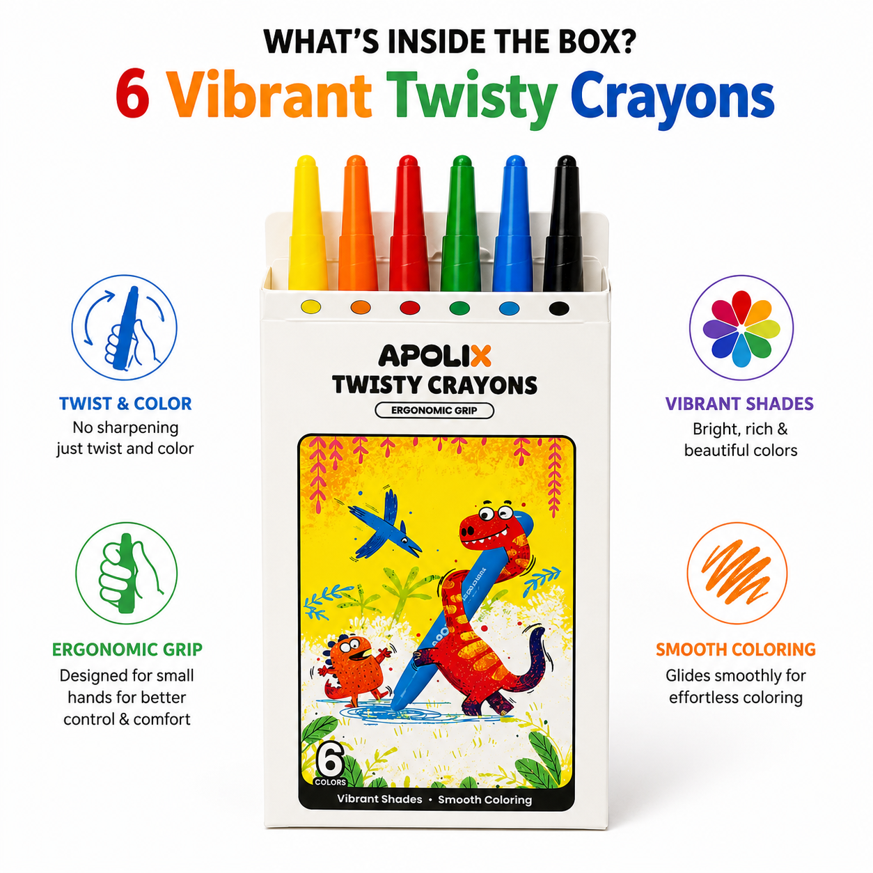 A boxed set of six Twisty Crayons by Apolix shown on a white background with marketing callouts. The package contains six brightly colored crayons visible through a clear top, and the front box features colorful dinosaur artwork.