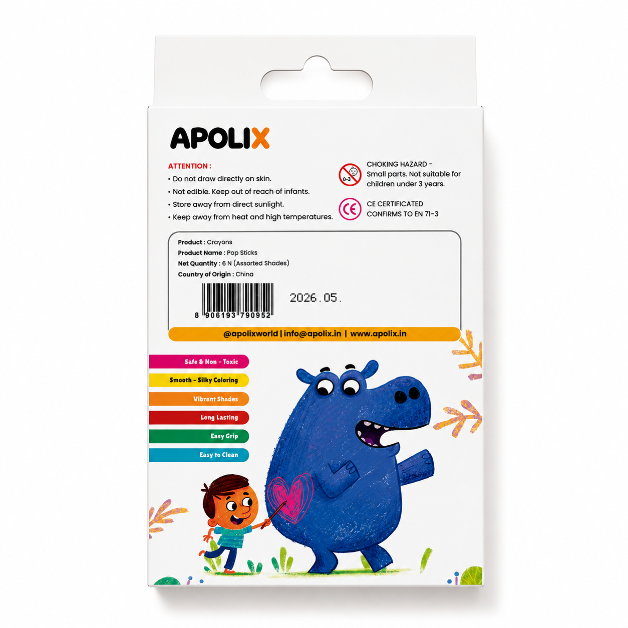 Apolix Pop Sticks 6 Colours | Jumbo Crayon Sticks