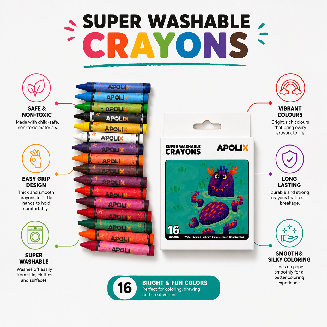 A set of 16 APOLIX Super Washable Crayons shown alongside their retail packaging on a light gray background with feature callout icons and text.