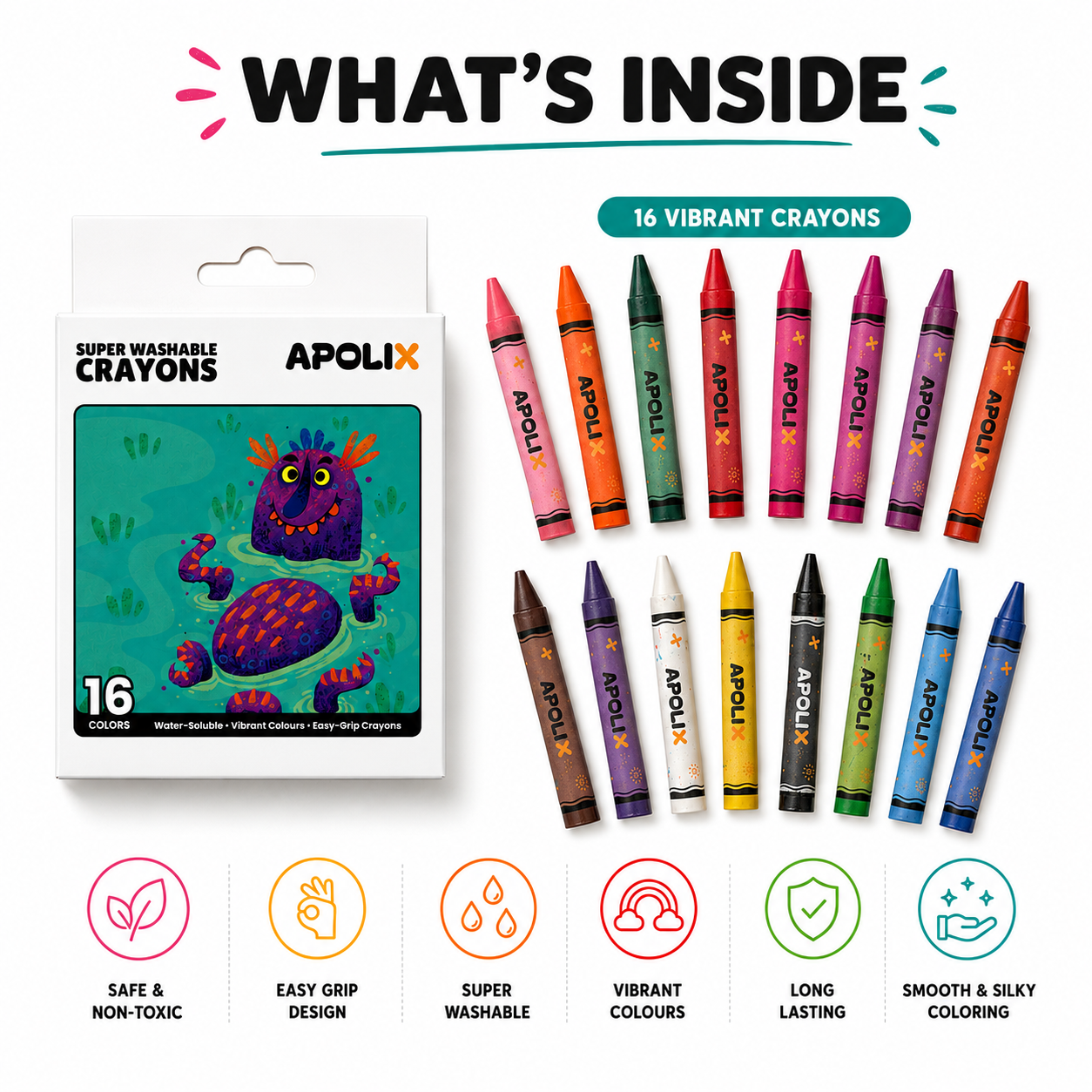 A package of Apolix Super Washable Crayons shown alongside 16 individual crayons arranged in rows. The packaging features a colorful illustration of a purple monster on a green background.