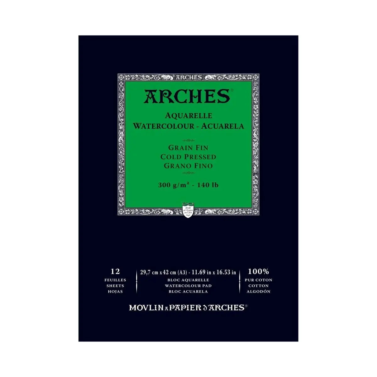 Arches Watercolour- Aquarelle -Short Side Glued Pad of 12 Sheets Arches