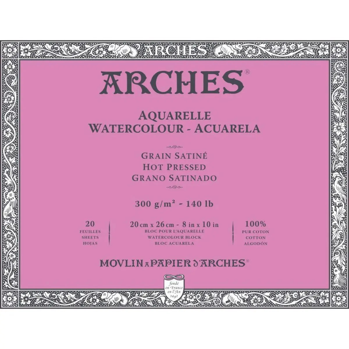 Arches Watercolour Paper Aquarelle  100% Cotton,Satin Grain,Hot Pressed 300 GSM,20SHT Arches