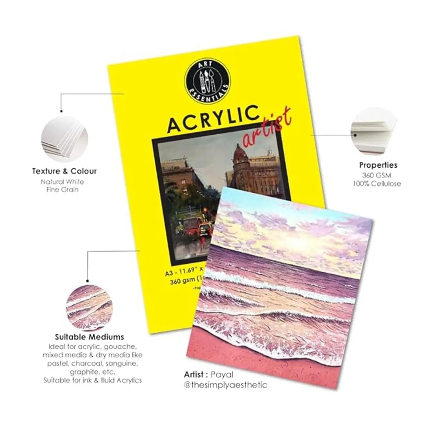 Art Essentials Artist Acrylic Natural White Fine Grain 360 GSM Poly Pack Art Essentials