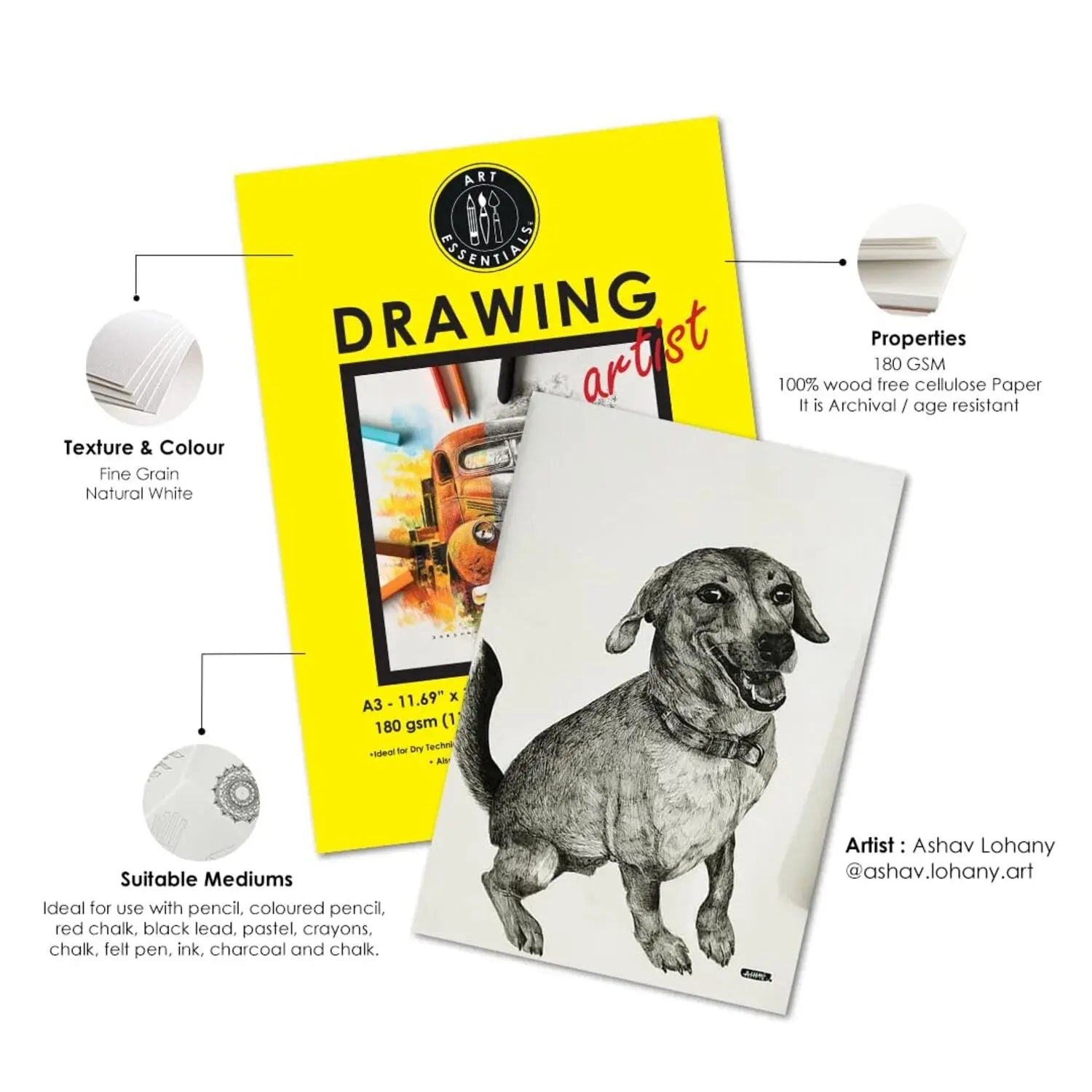 Art Essentials Artist Drawing Paper Natural White 180GSM - Poly Pack Art Essentials
