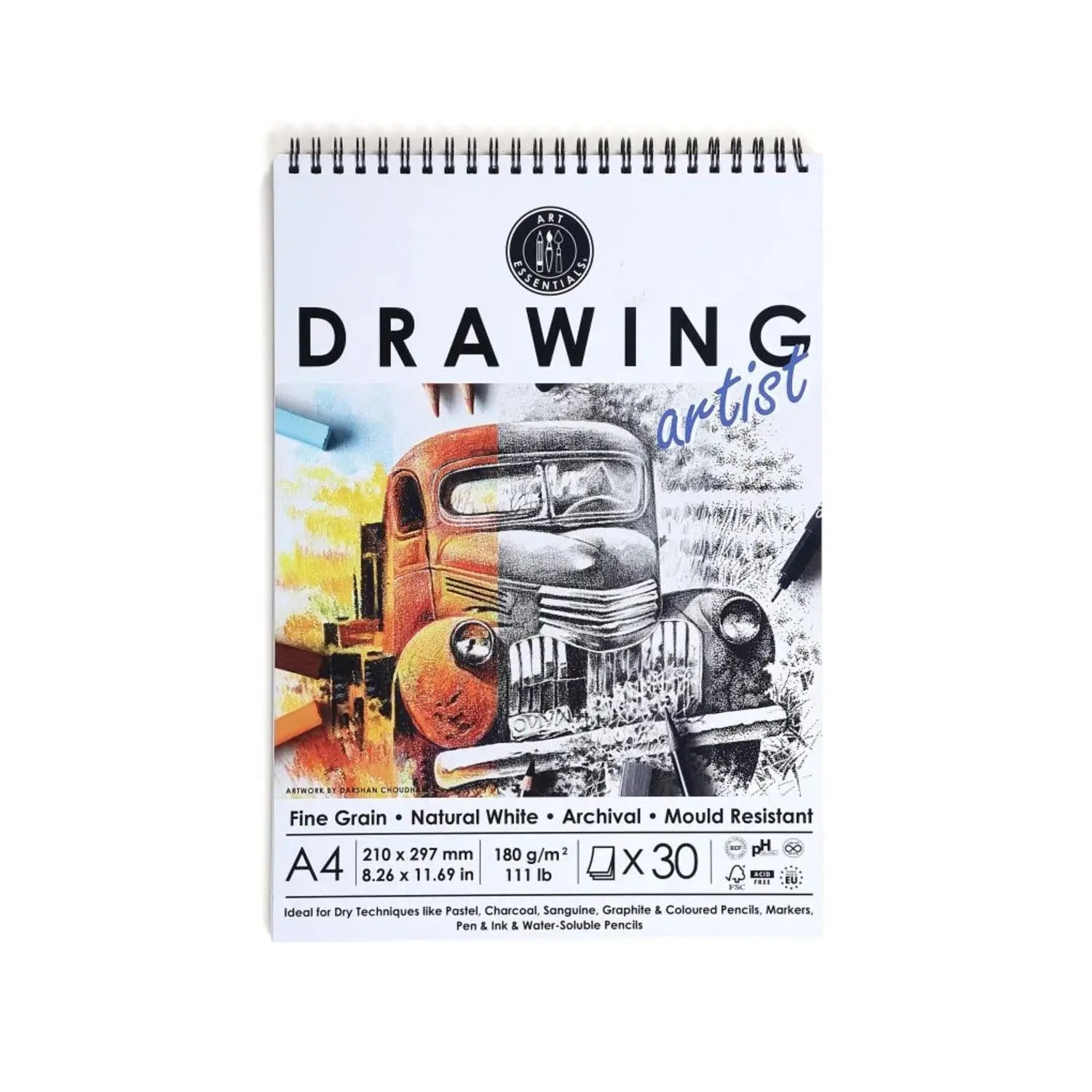 Art Essentials Artist Drawing Paper Natural White Fine Grain 180GSM,30SHT - Spiral Pad Canvazo
