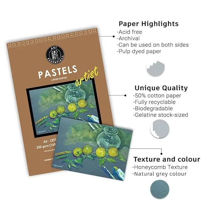 Art Essentials Artist Pastel Artist Paper-250 GSM,50% Pure Cotton Wiro Pads,20SHT with Micro-Perforation Art Essentials